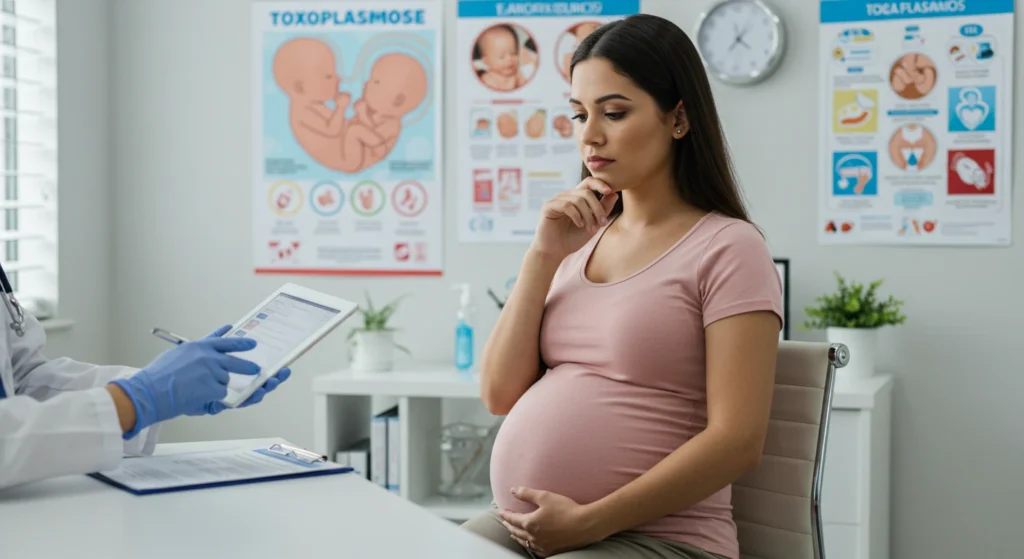 Gestante em consulta pré-natal com infectologista recebendo orientações sobre diagnóstico, tratamento e prevenção da toxoplasmose na gravidez. Cena em clínica médica com material educativo ao fundo, representando cuidados essenciais durante a gestação.